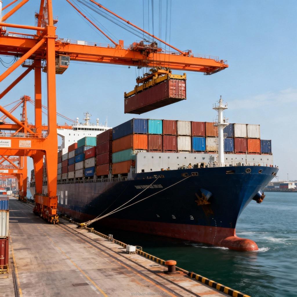 Cargo ship being loaded at port